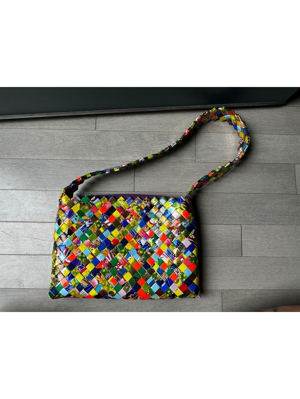 Handmade Colorful Woven Crossbody Recycled Candy Wrapper Bag with Zipper Closure